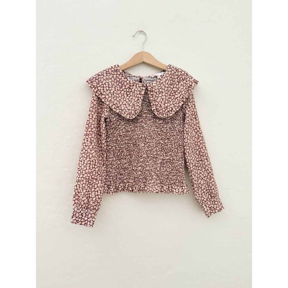 GB Girls Size S Floral Smocked Top Oversized Ruffle Collar Long Sleeve